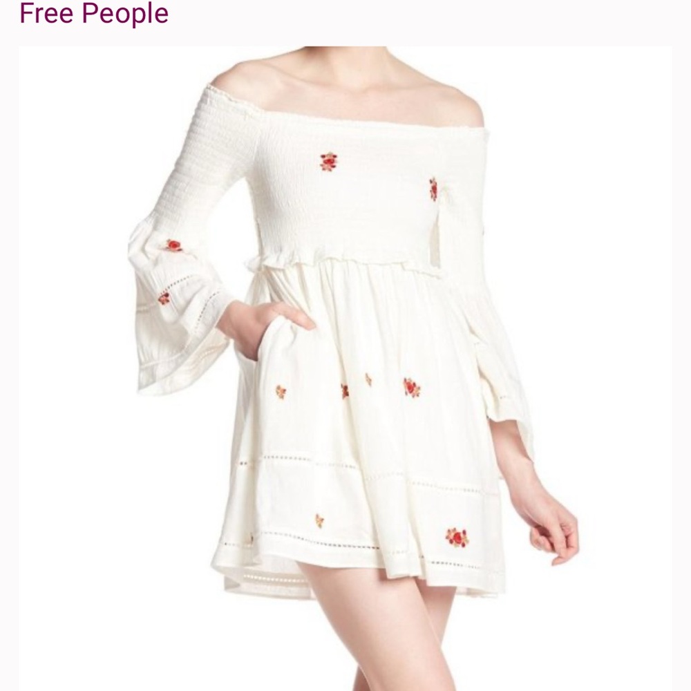 Free People Off-Shoulder Cream Dress with Red Accents